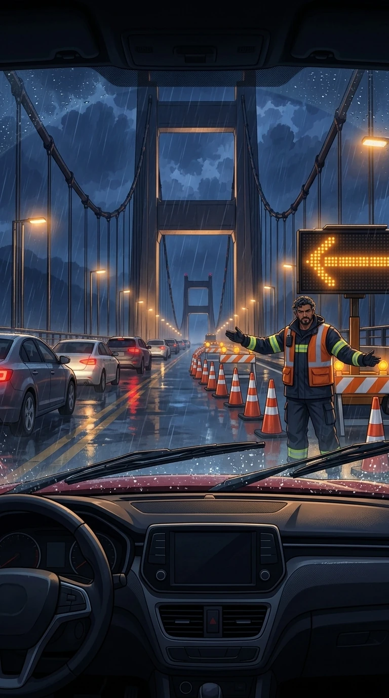 Bilal directs traffic around the closed lane.