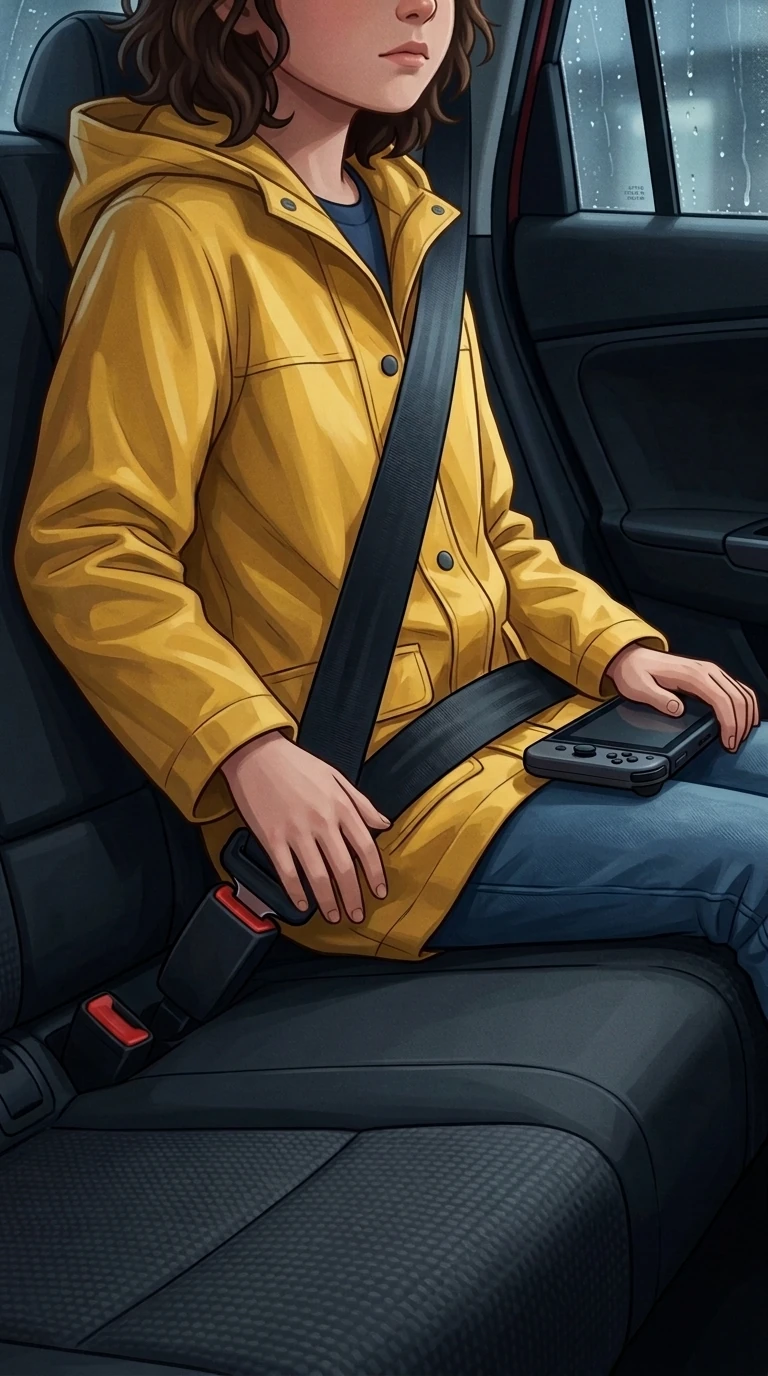 Hana pats her fastened seatbelt.