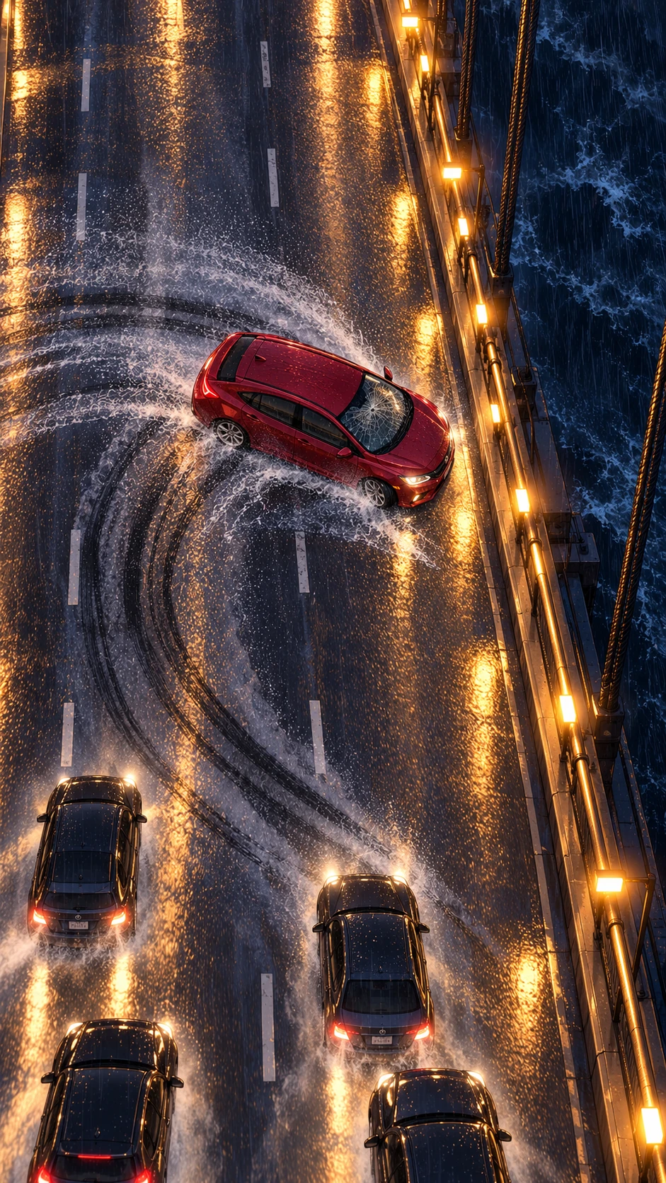 Overhead view: curved skid tracks show the car spinning toward the outer barrier; traffic brakes behind.