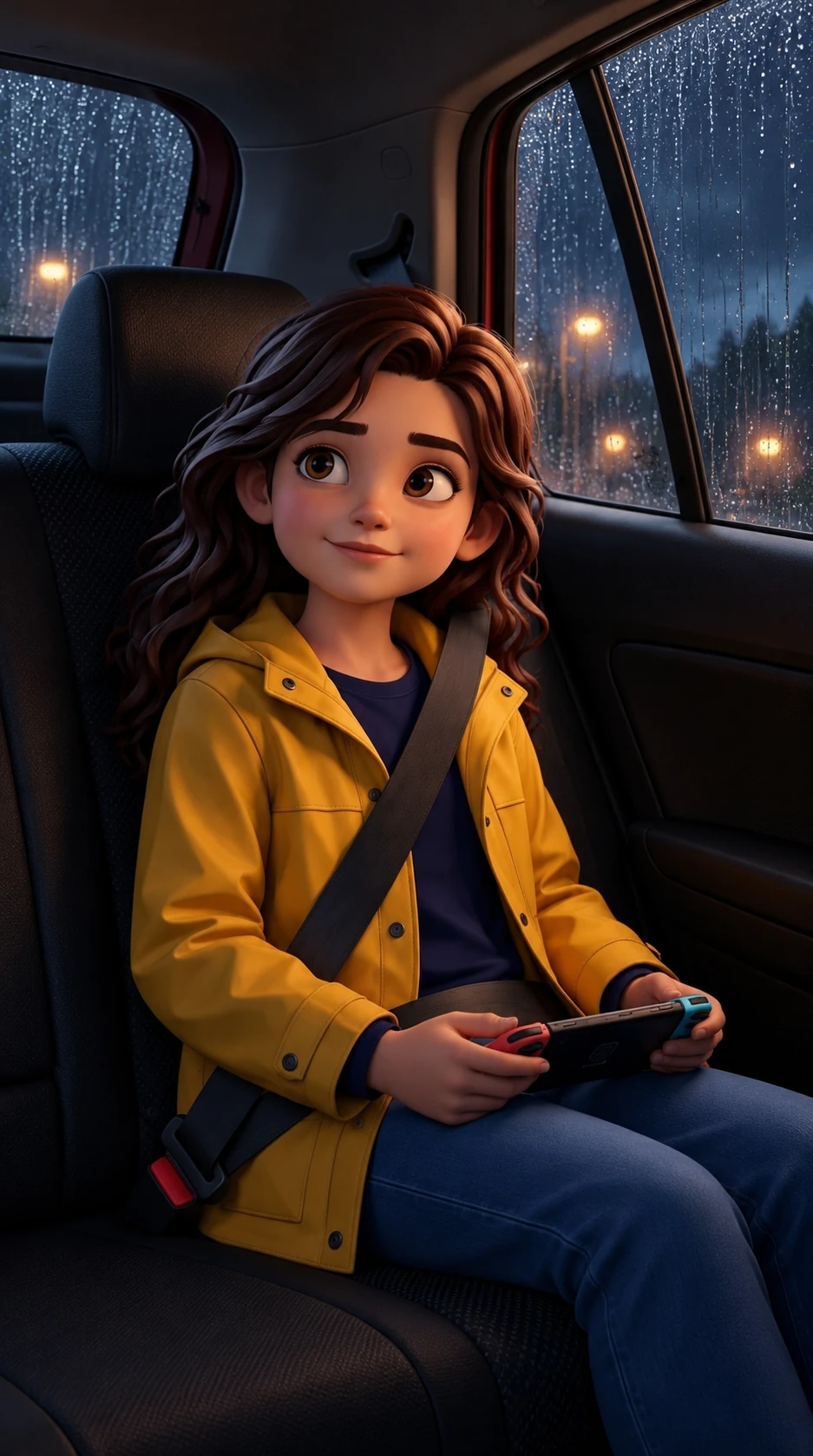 Hana in her charcoal rear seat, smiling toward her parents with her game in her lap; her parents reply off-panel.