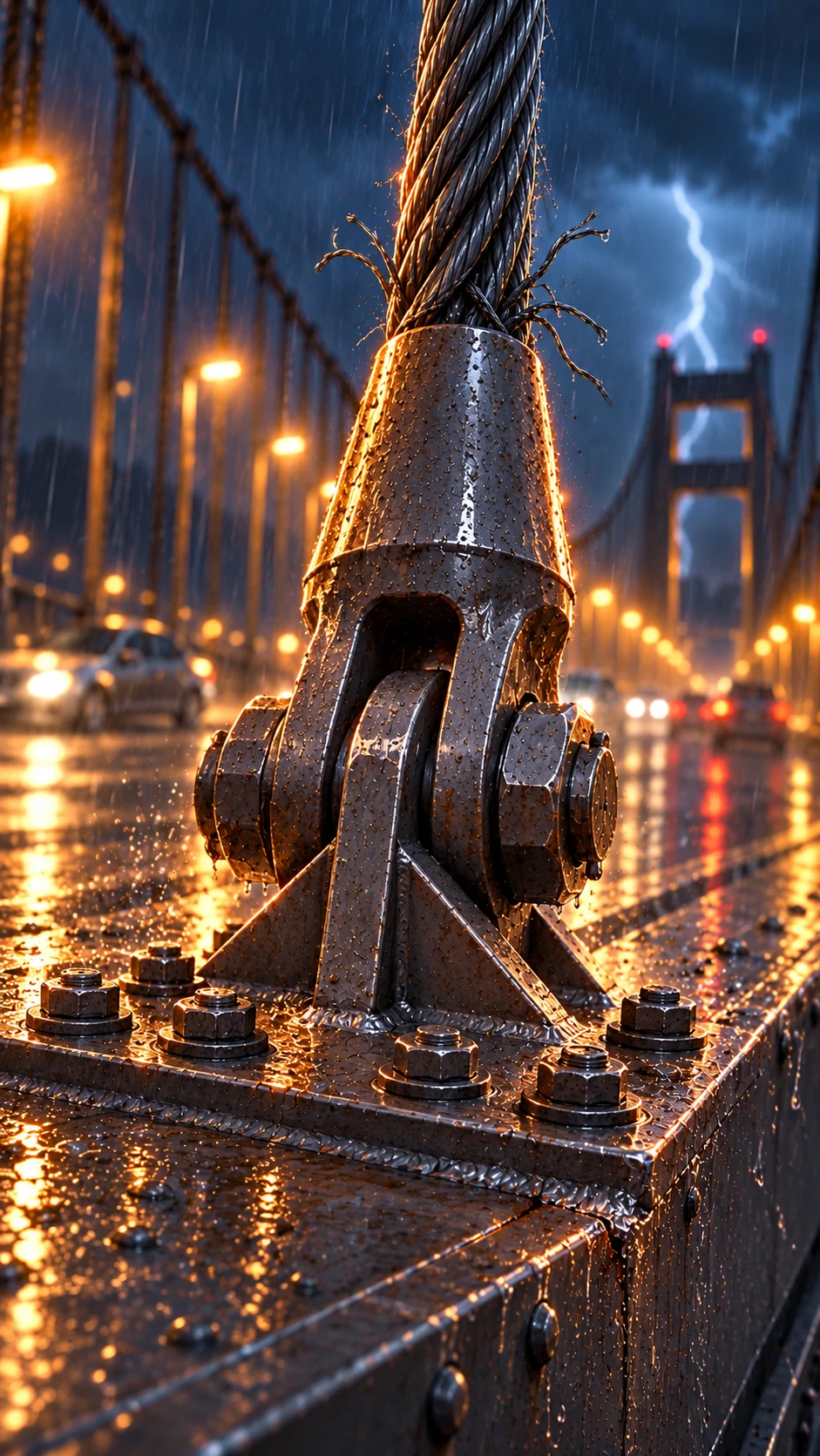 Heavy clevis and cross-pin on a thick bolted anchor plate; a crack develops in the supporting bridge girder.