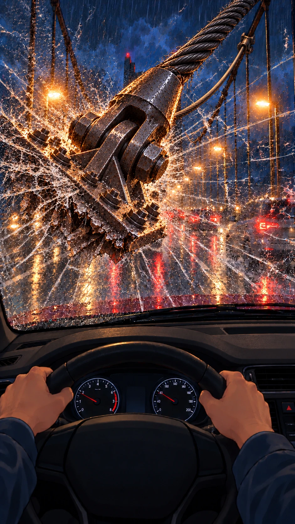 Cracks spread across the windshield where the fitting strikes outside.