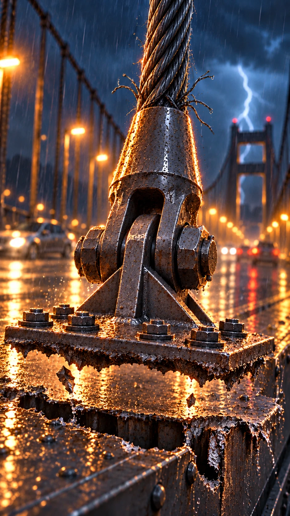 The mounting steel tears out beneath the substantial bolted connection; the cable stays attached above.